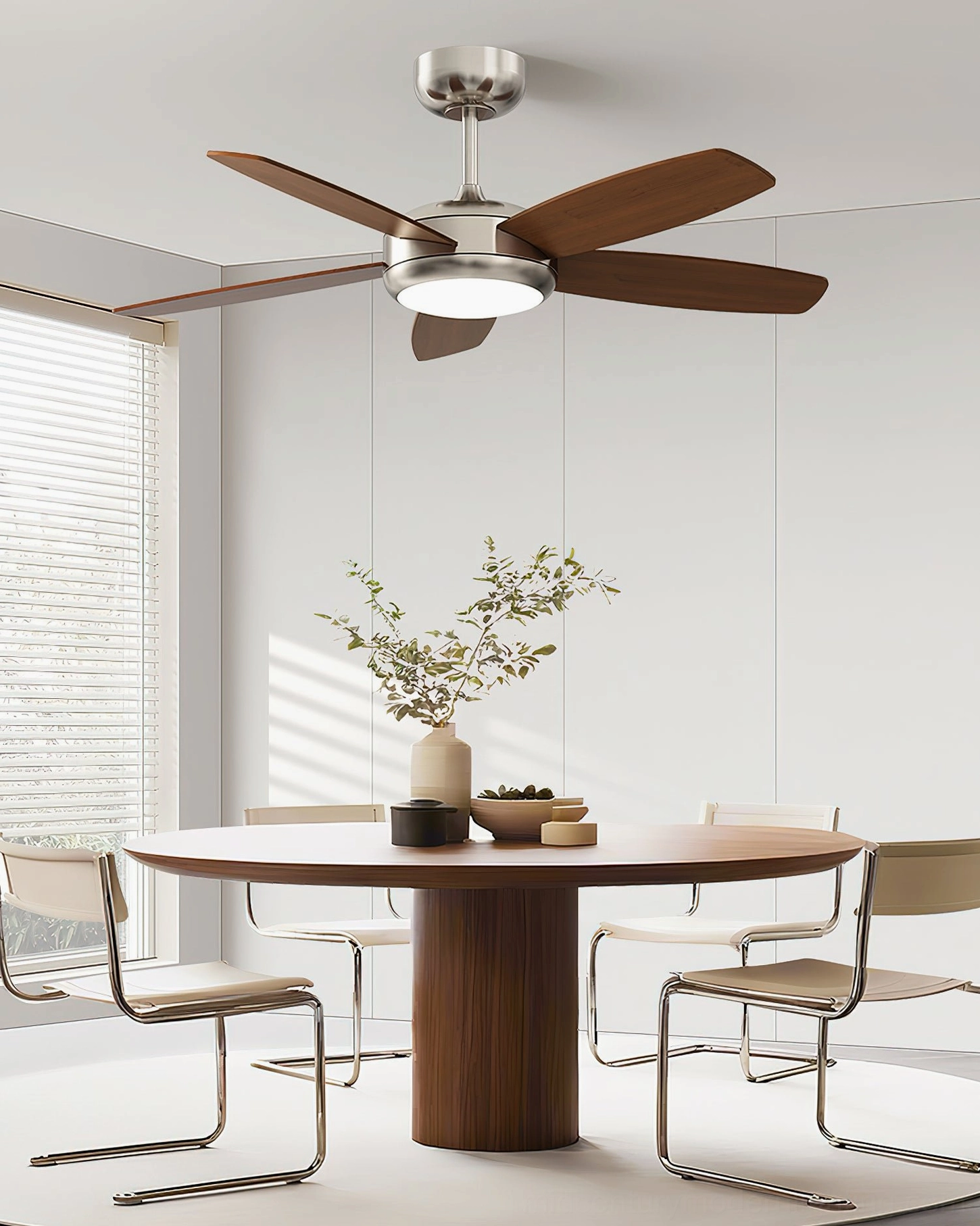 Destin transitional ceiling fan light above wooden dining table in contemporary dining room