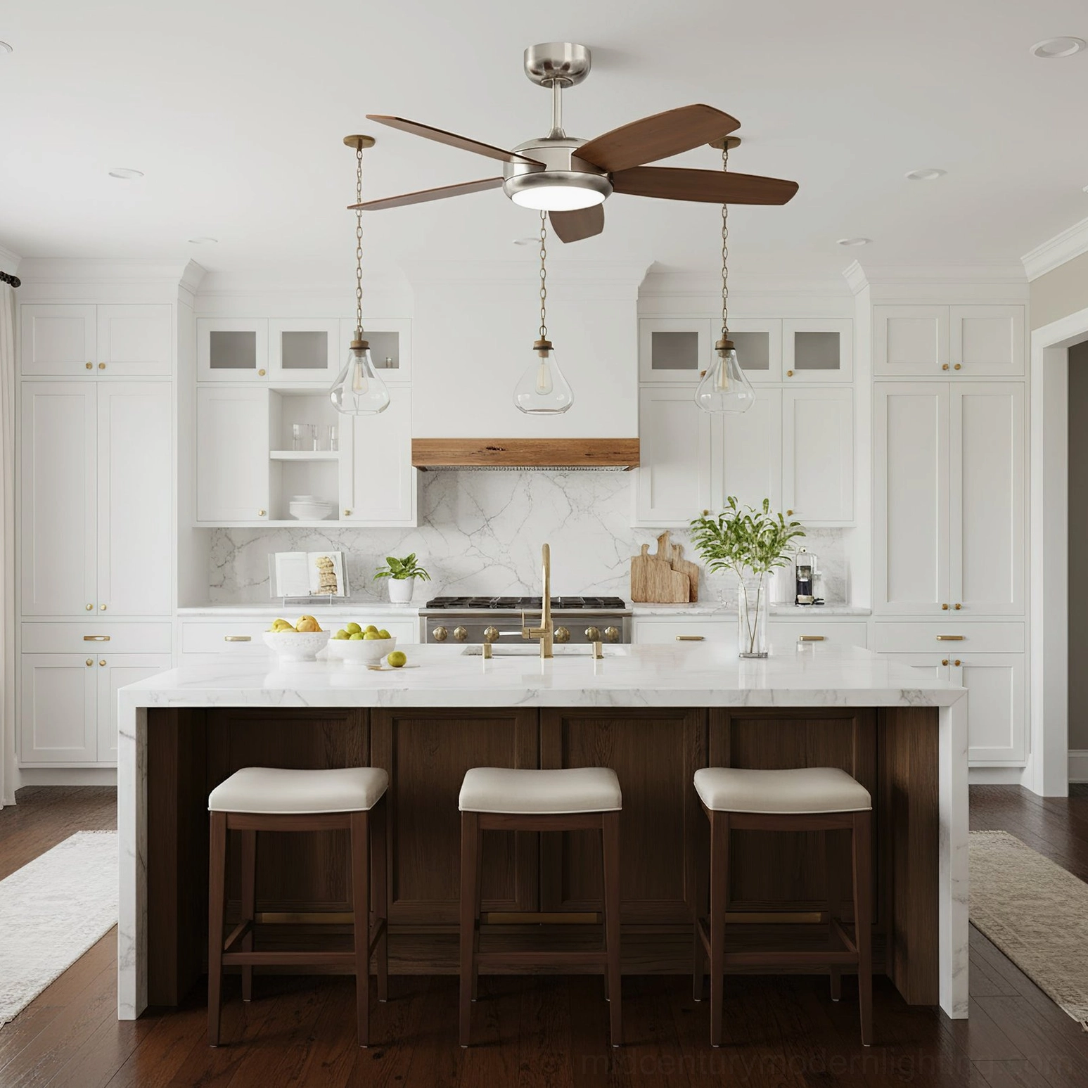 Destin transitional fan light in contemporary kitchen with white minimalist decor and pendant lighting