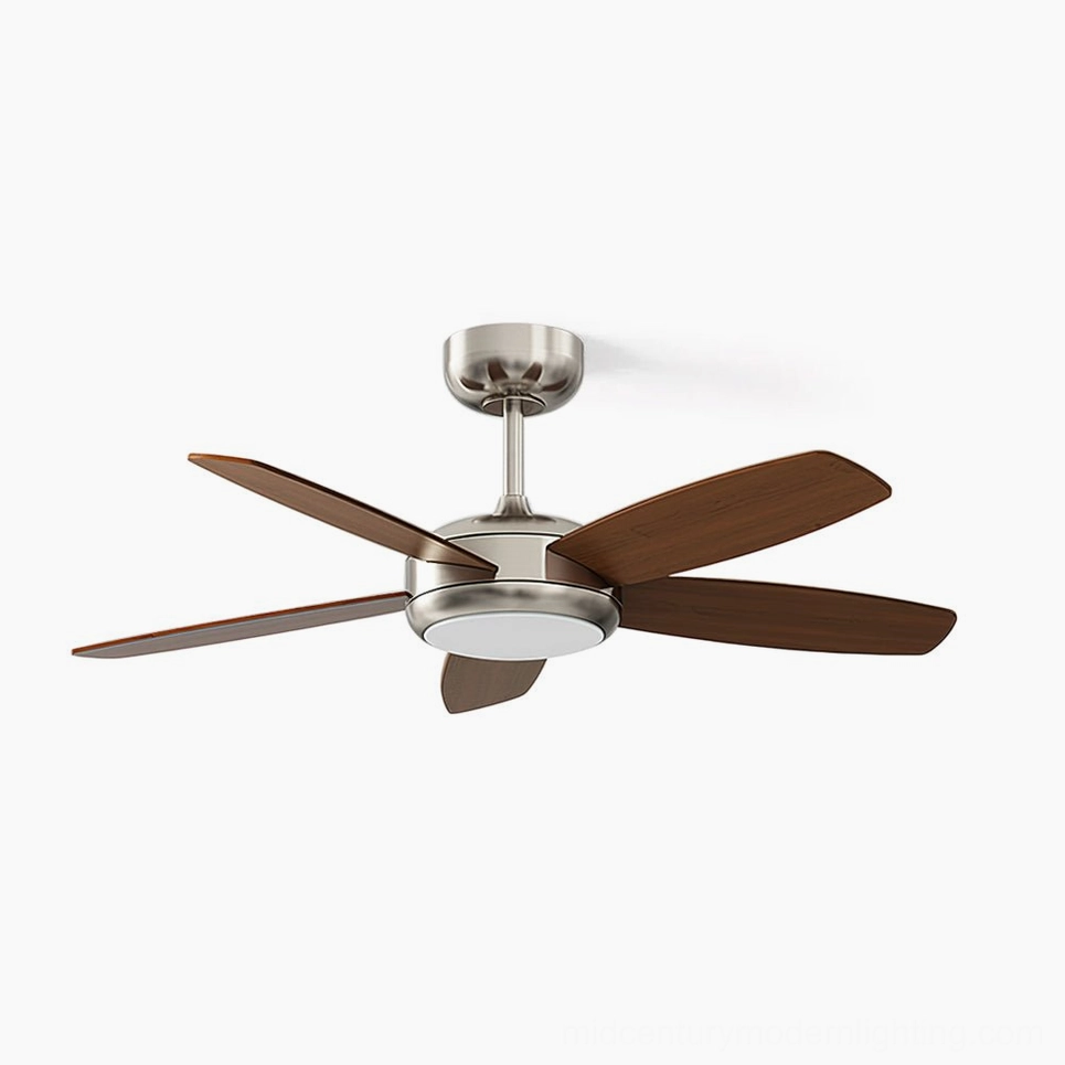 Destin transitional ceiling fan light with integrated LED - overhead studio view showing walnut and chrome design