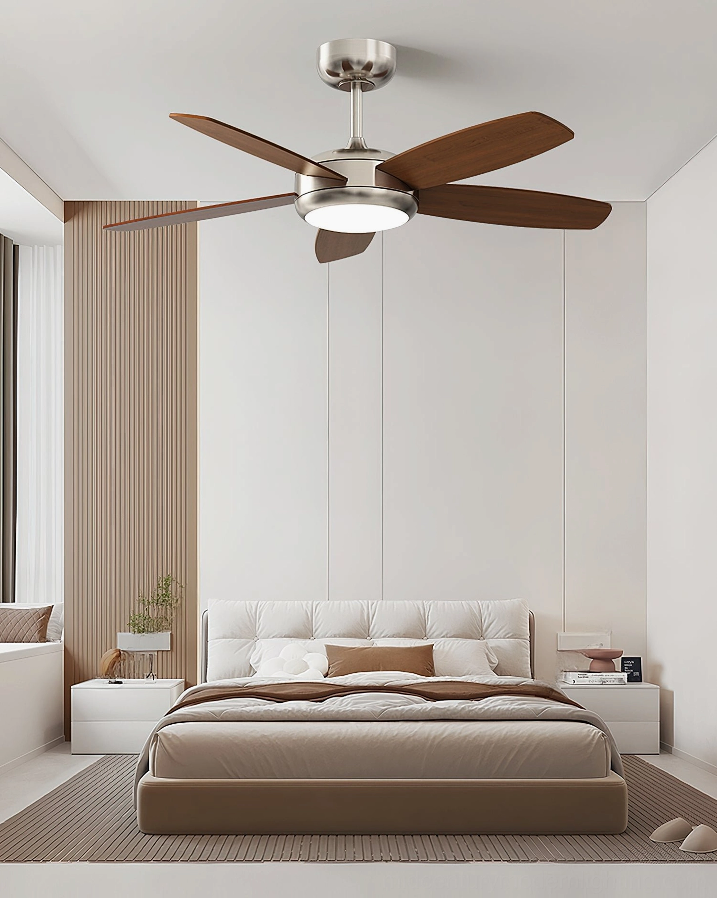Destin modern ceiling fan with LED light in compact master bedroom - neutral minimalist interior