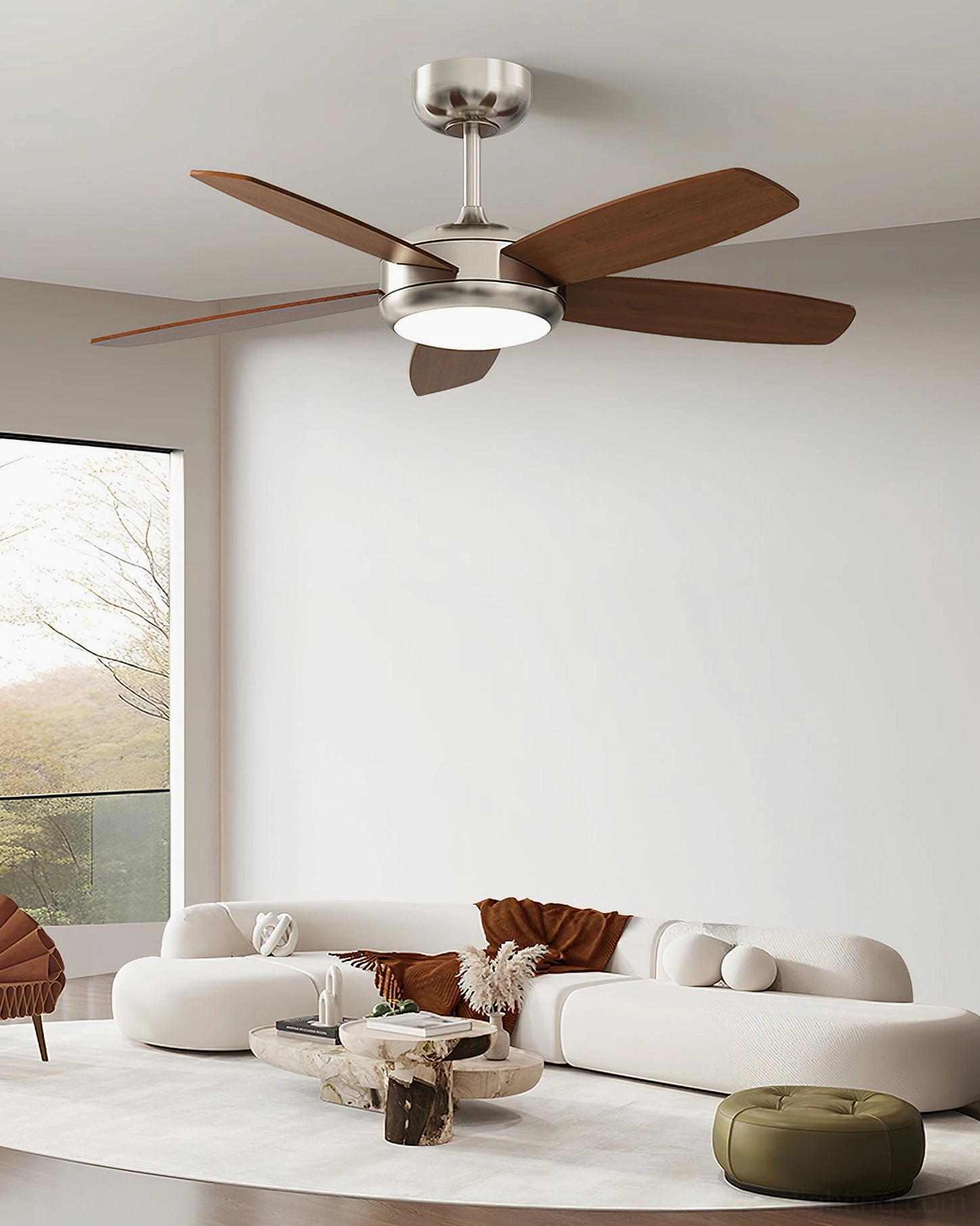 Destin transitional ceiling fan light in cozy modern living room with warm neutral decor