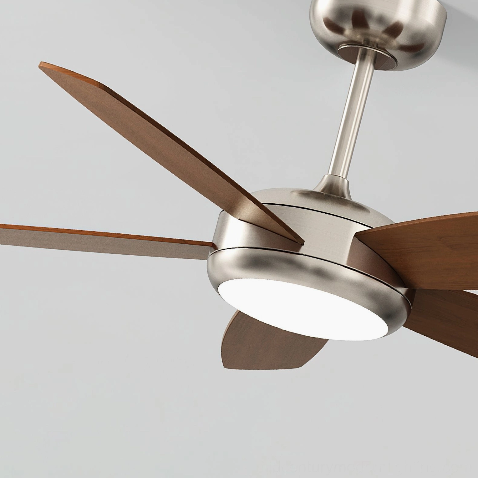 Destin modern ceiling fan light with remote control - chrome and walnut material composition showcase