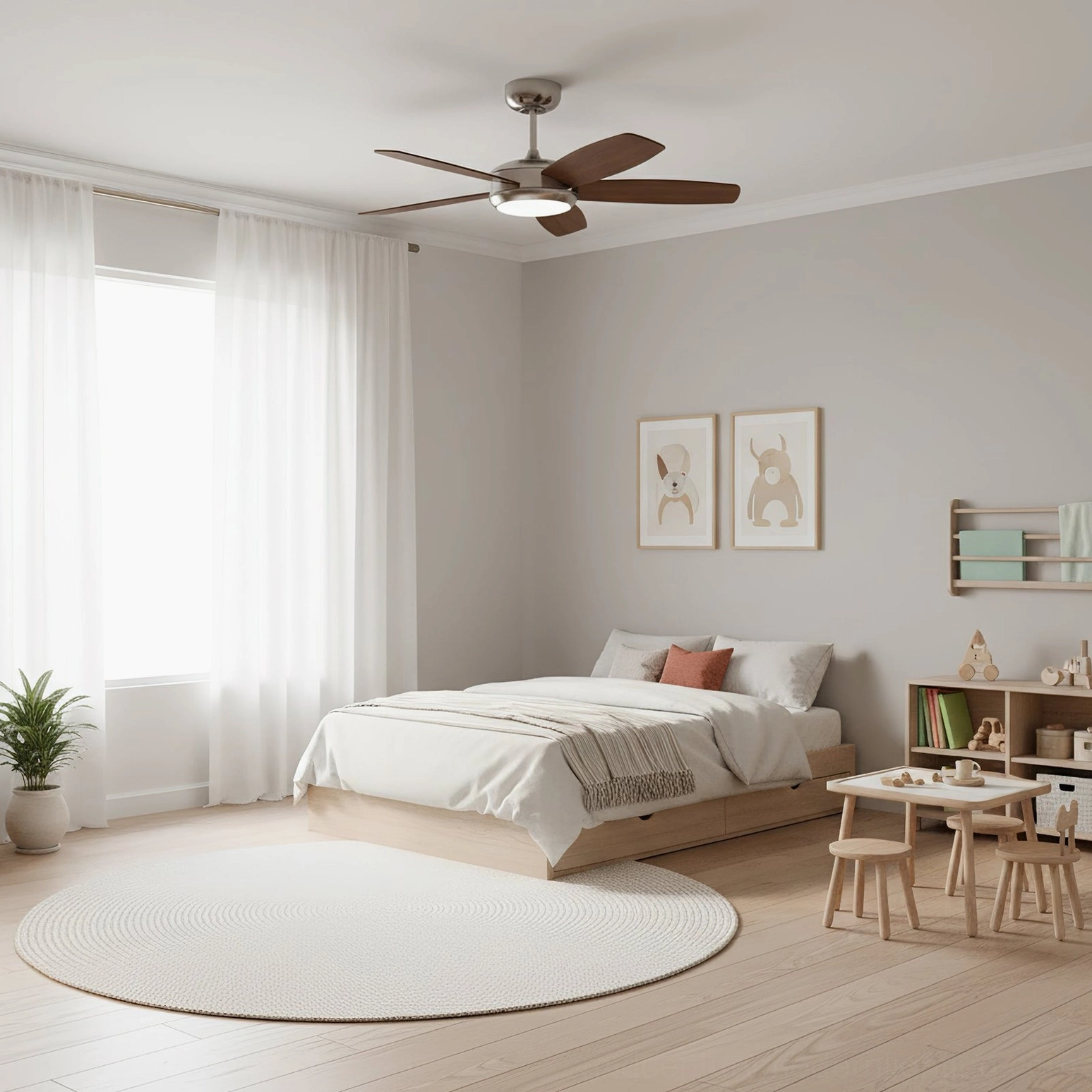 Destin ceiling fan light with integrated LED in Scandinavian bedroom - warm neutral minimalist style