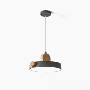 Detroit mid-century modern pendant light with matte gray metal shade and solid wood accent, side overhead view on white background