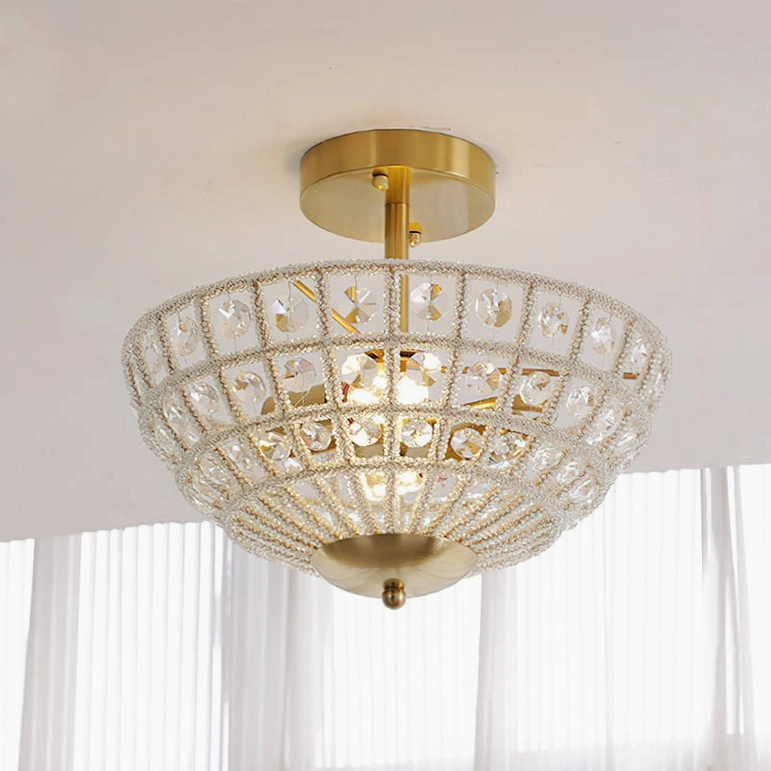 Devan crystal semi-flush ceiling light frontal close-up - silver-white crystals with brass gold base detail