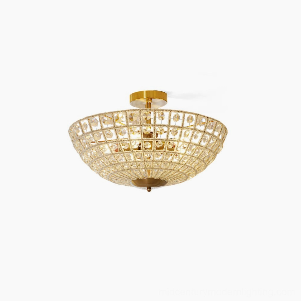 Devan crystal semi-flush ceiling light - top-down studio view showing geometric gold frame with faceted crystals
