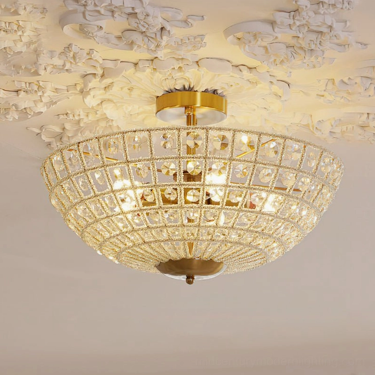 Devan crystal ceiling light in ornate room setting - low angle view with warm gold tones and faceted crystal cover