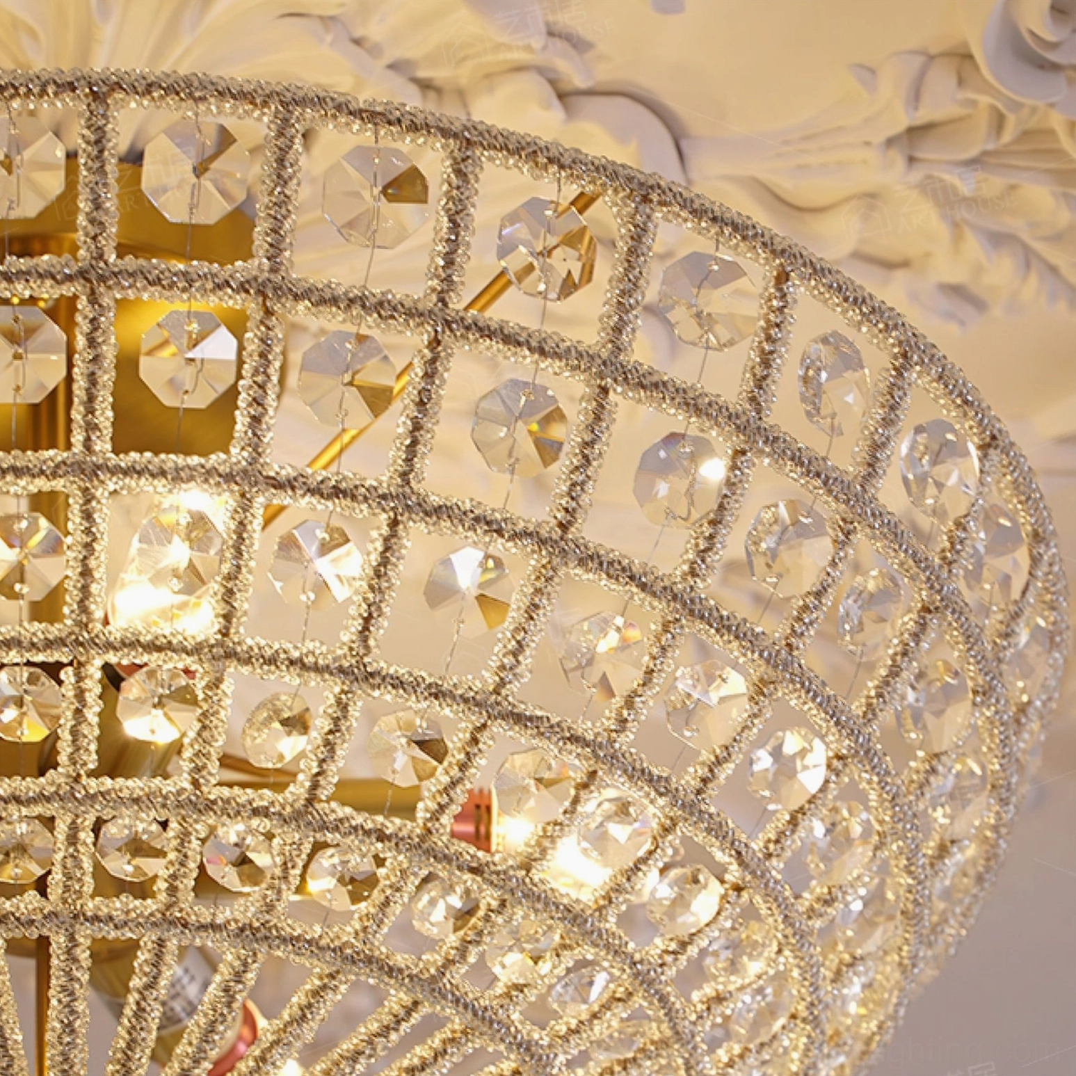 Devan crystal ceiling light macro detail - grid metal frame with precision-cut faceted glass crystals