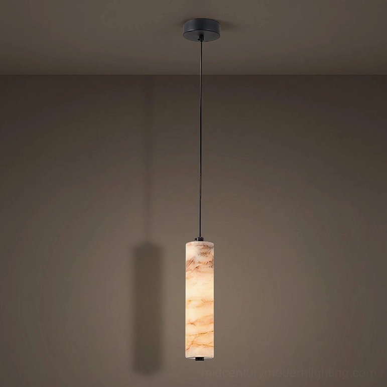 Devane alabaster pendant light Model B single fixture on neutral background showcasing larger diameter stone shade and matte black suspension system