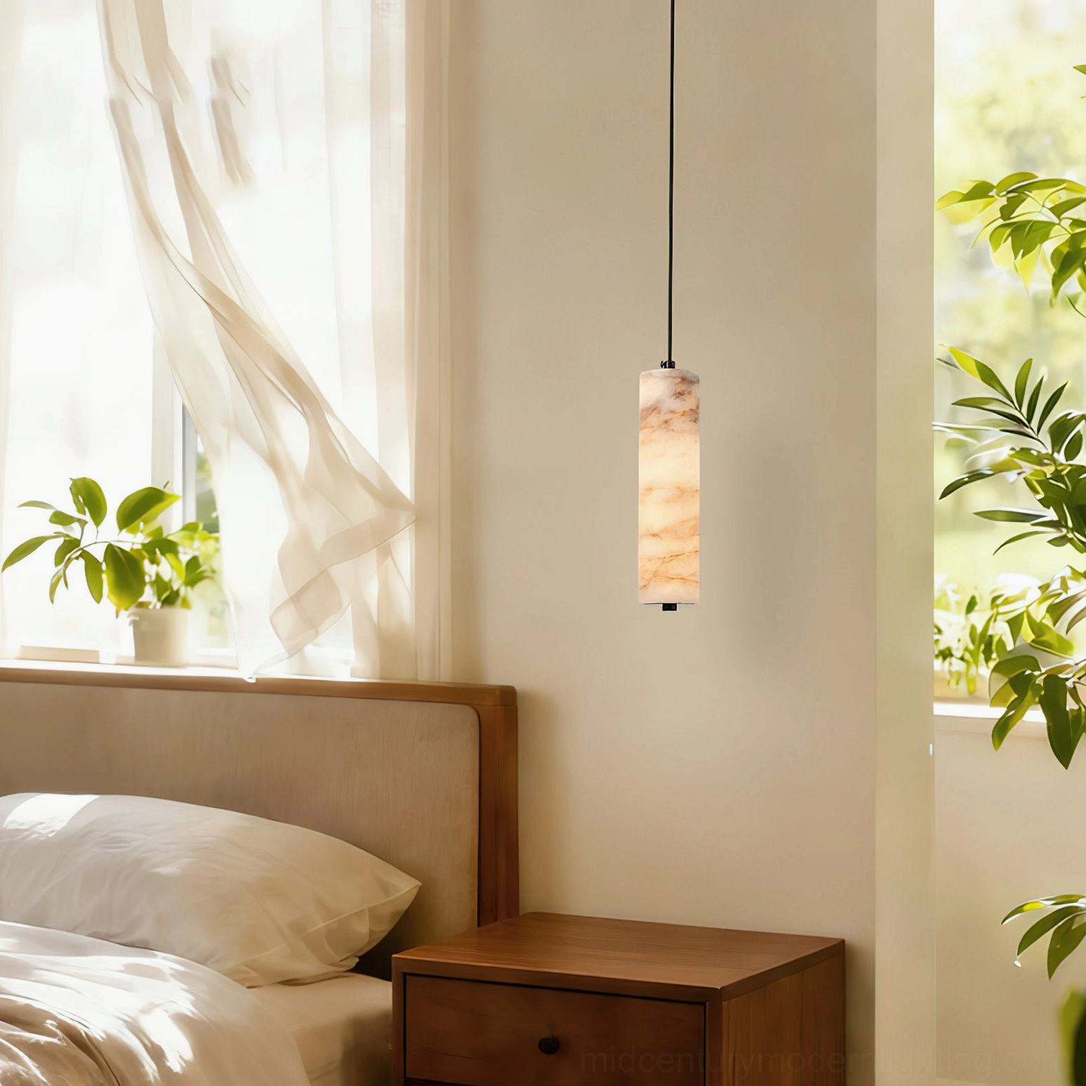 Single Devane alabaster pendant light in warm bedroom interior with nightstand, natural wood furnishings, and green plants, demonstrating bedside accent lighting