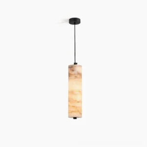Devane alabaster pendant light overhead installation view on white background, showing cylindrical stone shade with matte black metal fixture