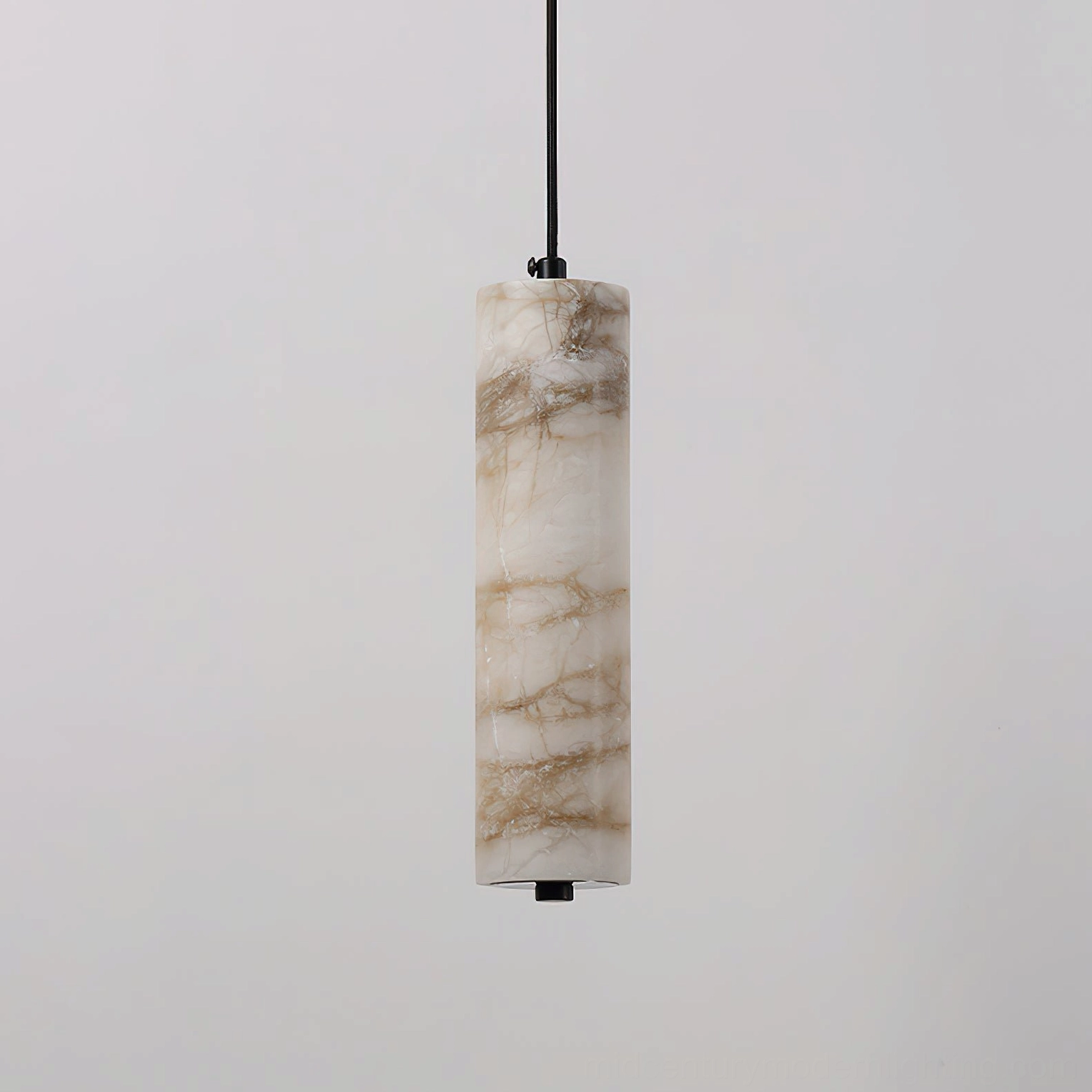 Front detail view of Devane alabaster pendant light highlighting prominent natural stone veining and black metal fixture hardware