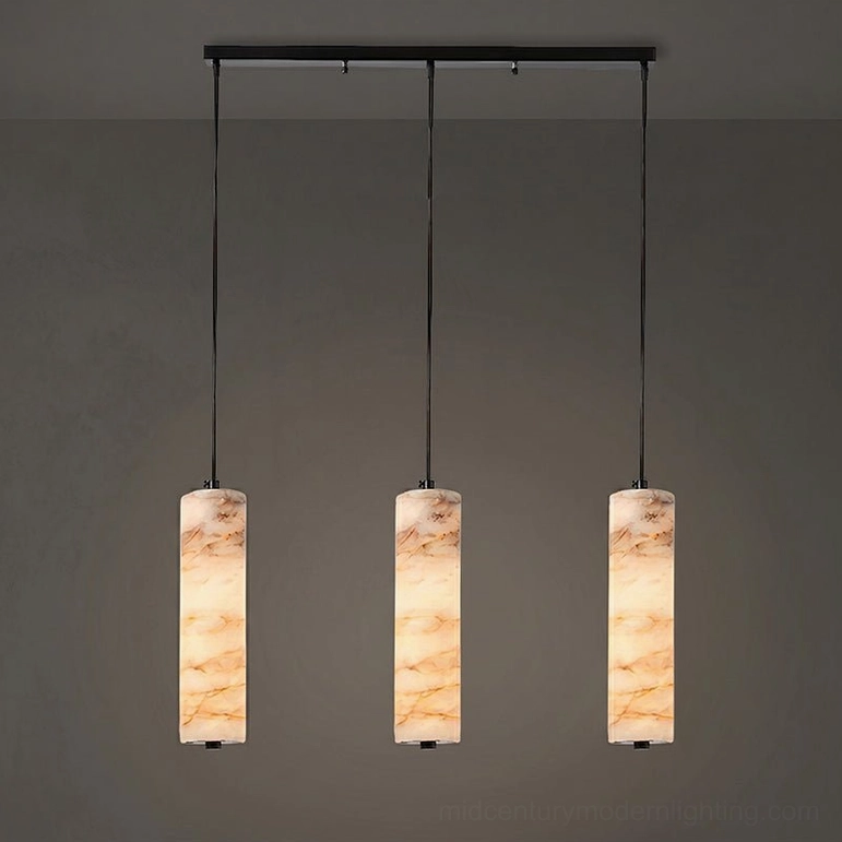 Devane alabaster three-light pendant cluster Model B with larger stone shades, linear suspension design, and matte black metal canopy on neutral background