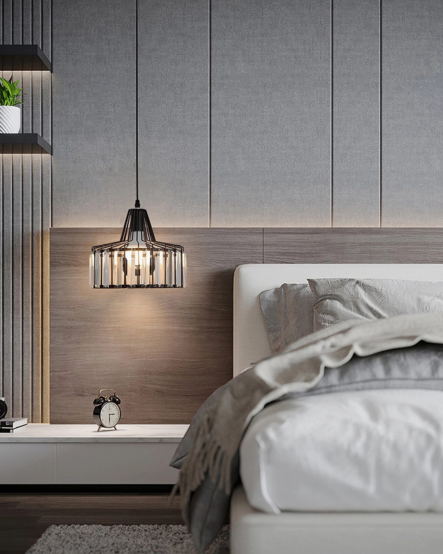 Contemporary minimalist pendant light with diamond-cut K9 crystal and metal frame details