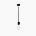 Geometric diamond-shaped glass pendant light with black metal fixture, front view on white background showing minimalist modern design