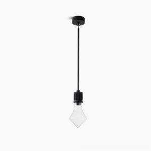 Geometric diamond-shaped glass pendant light with black metal fixture, front view on white background showing minimalist modern design