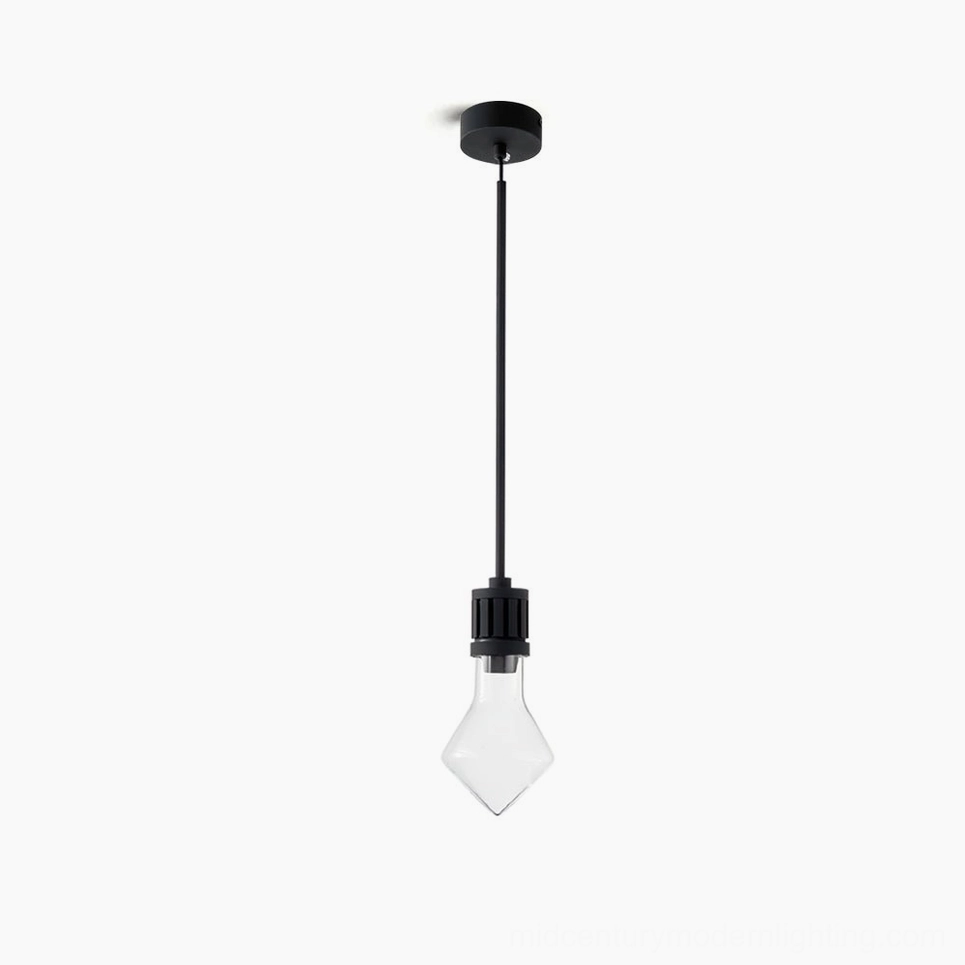 Geometric diamond-shaped glass pendant light with black metal fixture, front view on white background showing minimalist modern design