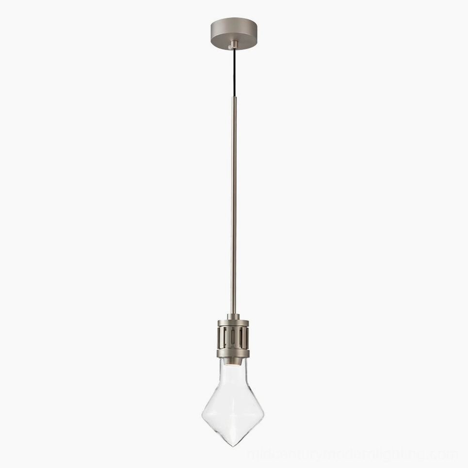 Modern diamond glass pendant light in nickel finish displayed on neutral background showcasing mid-century design