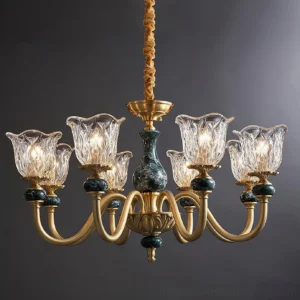 Dieppe 10-light luxury chandelier brass frame with marbled green glass shades front view