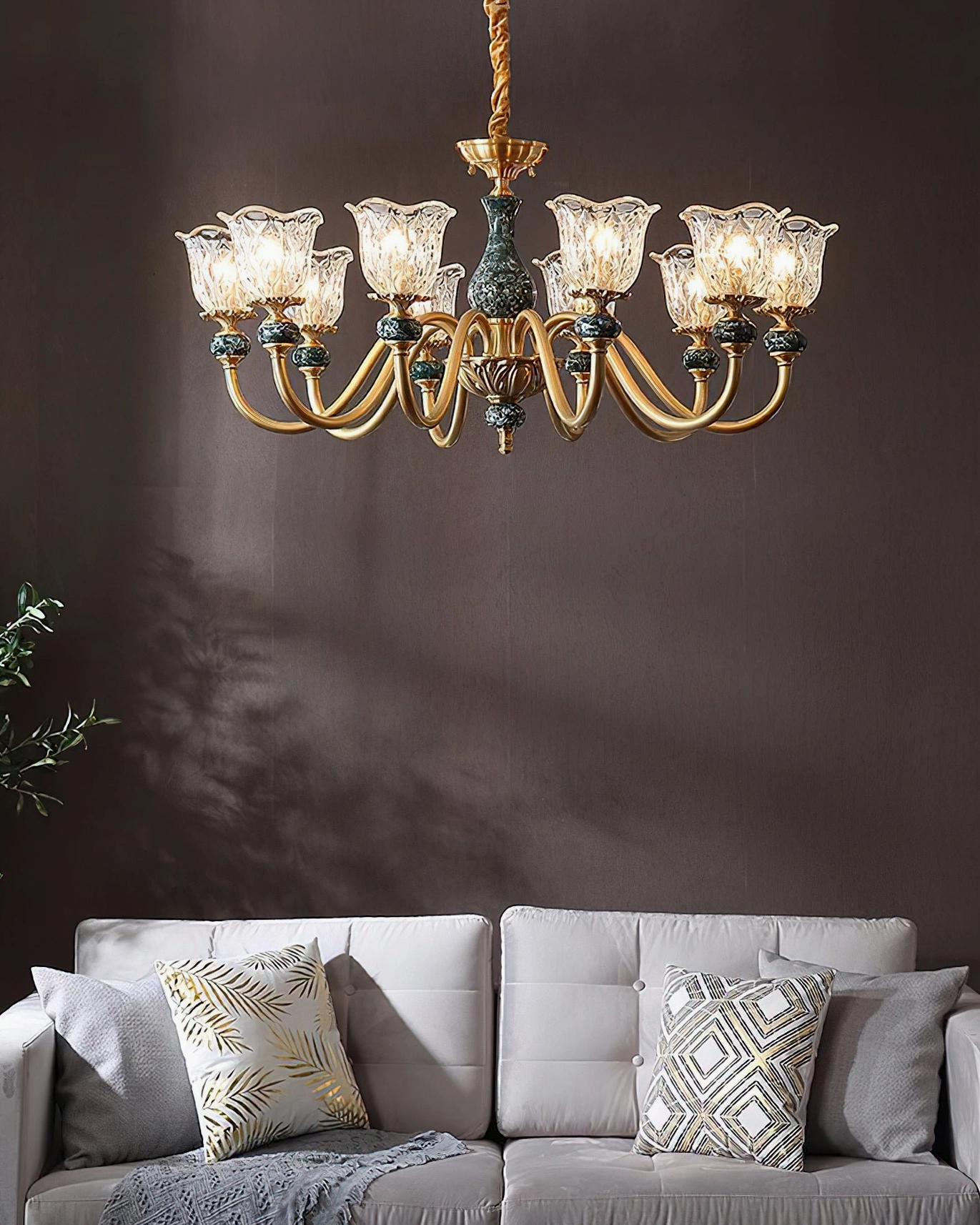 Dieppe 10-light emerald brass chandelier low-angle view luxury home lighting