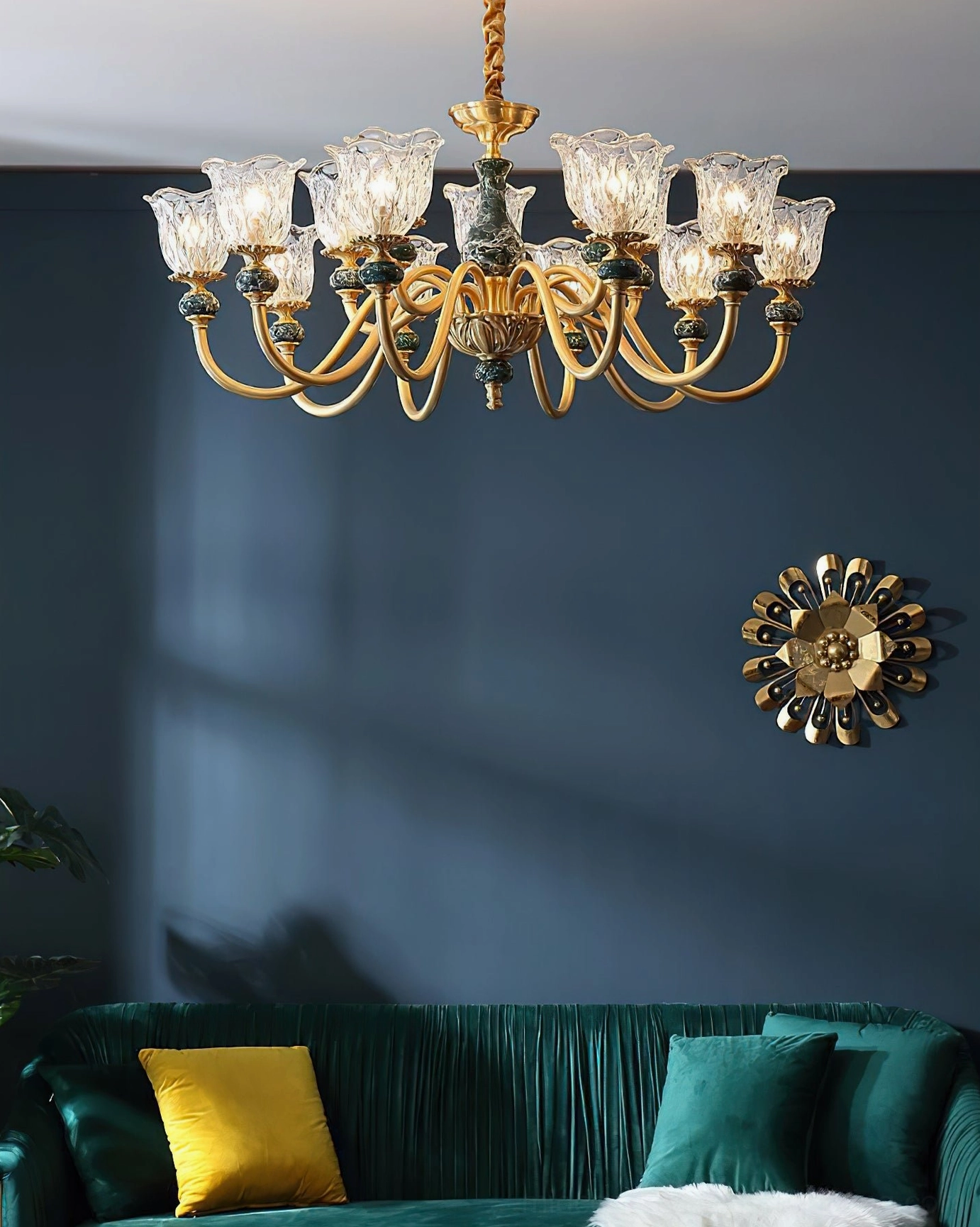 Dieppe 6-light chandelier mid-century modern style formal dining room with marble table