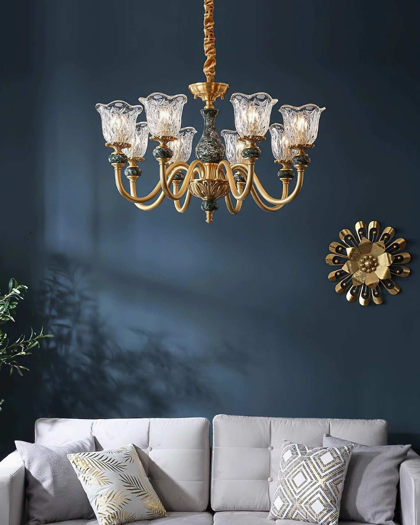 Dieppe 8-light mid-century modern chandelier blue wall living room with plants and clock