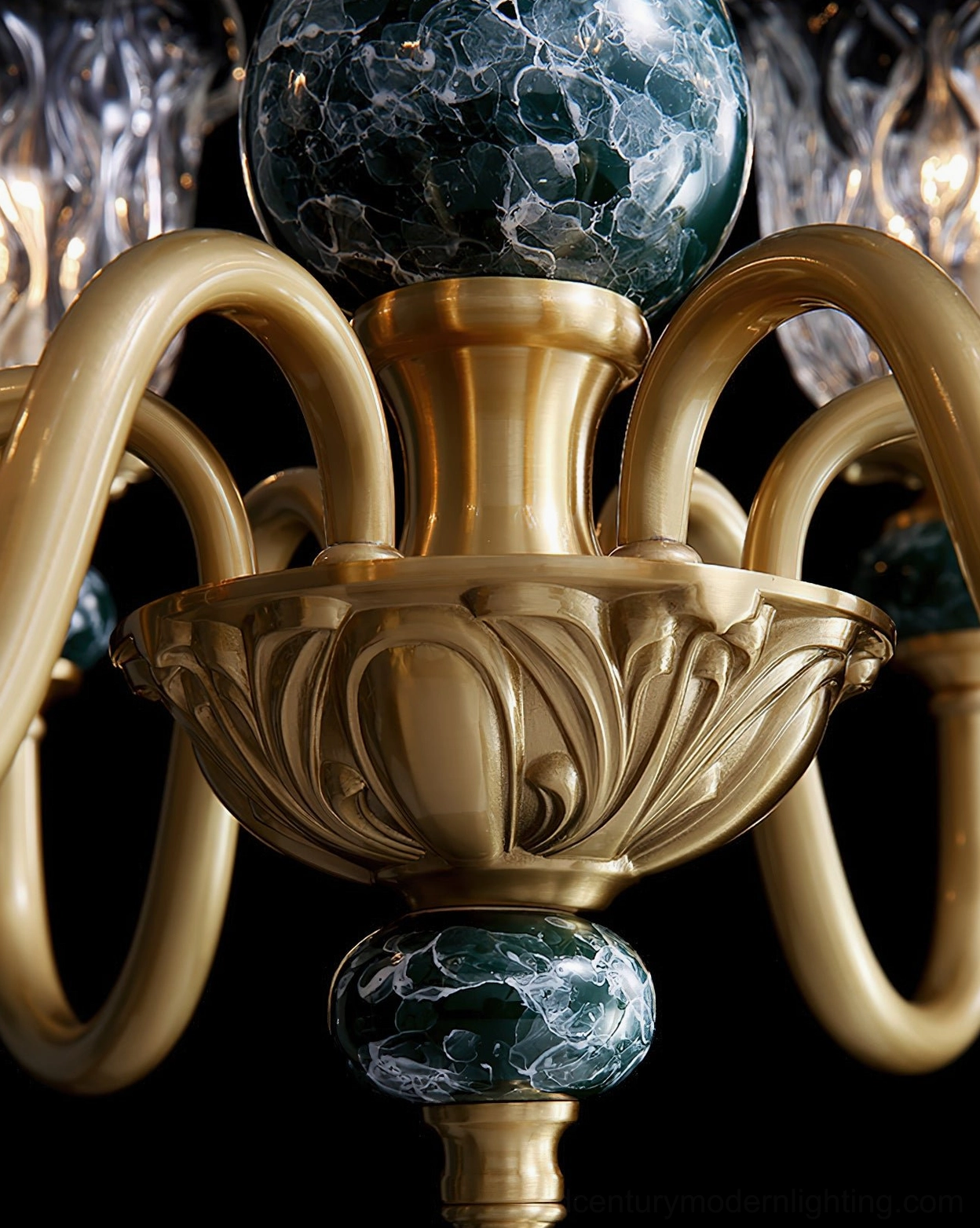 Dieppe chandelier brass and marbled emerald glass detail macro close-up