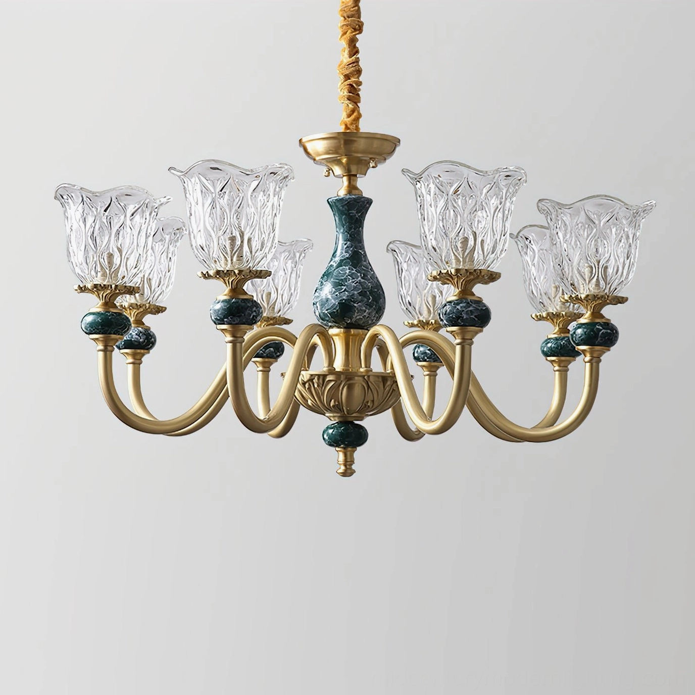 Dieppe luxury chandelier emerald glass marbled design brass hardware