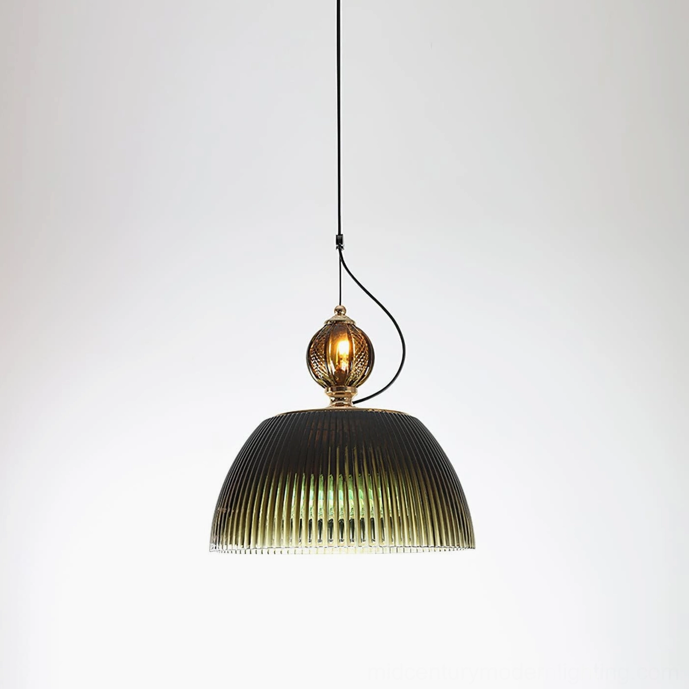 Hanging ribbed glass pendant showing dimensional ribbed texture pattern that characterizes mid-century modern design
