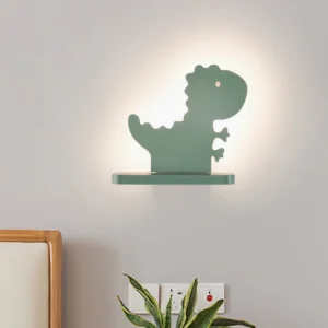 Dinosaur wall lamp installed in bedroom with warm backlighting, creating cozy ambient lighting for kids room