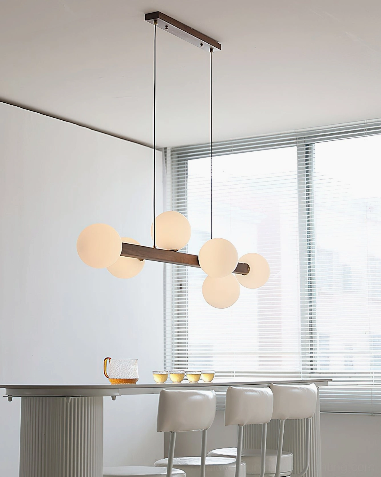 Dioniso wood chandelier complete dining room interior wide view modern minimalist setup