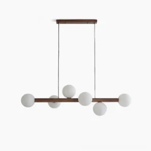 Dioniso linear wood chandelier with frosted glass globes, front view on minimalist white background