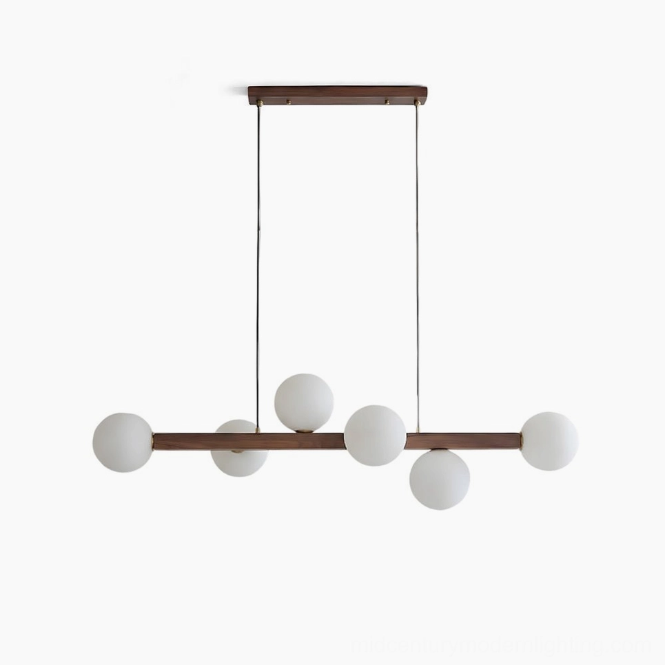 Dioniso linear wood chandelier with frosted glass globes, front view on minimalist white background
