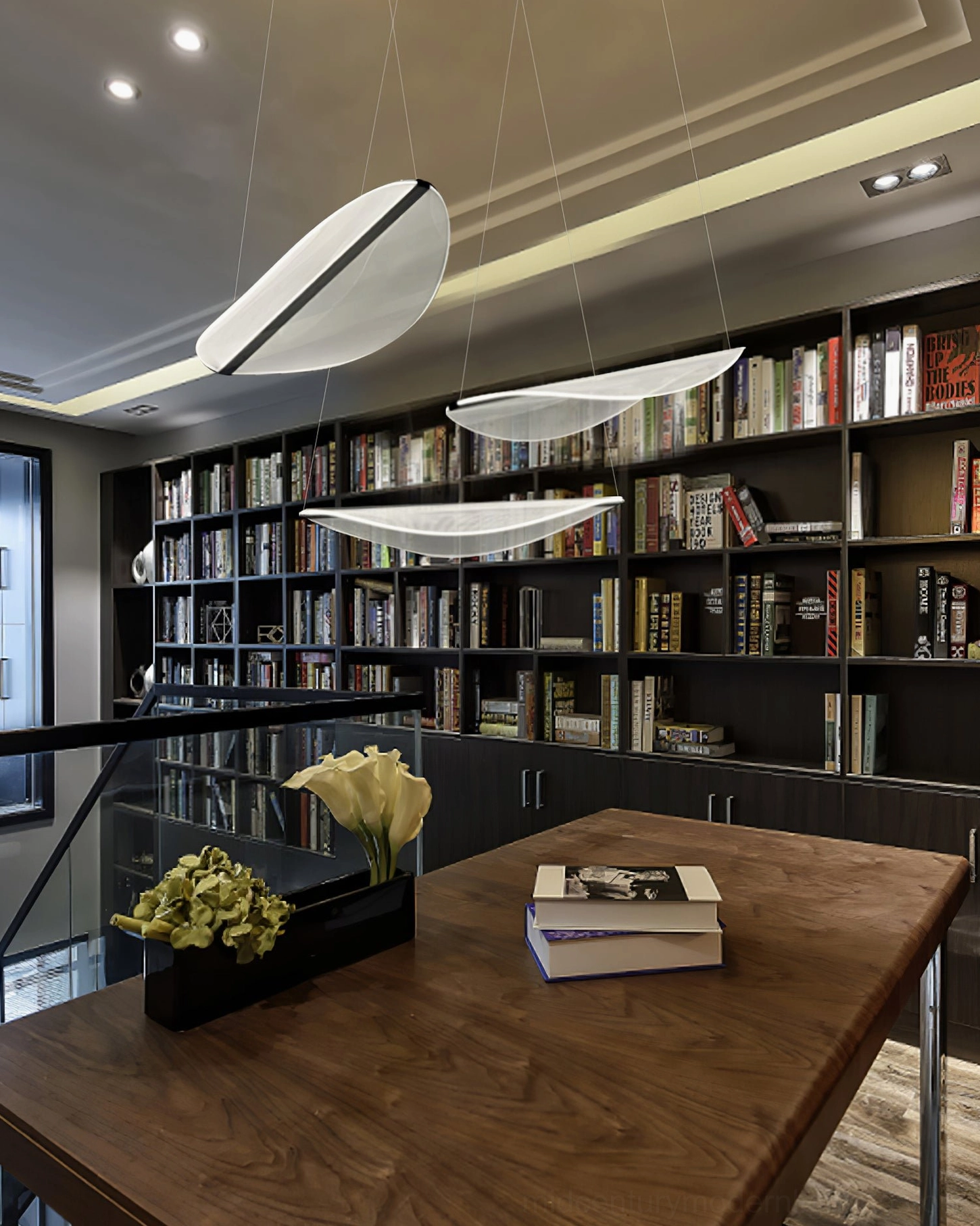 Multiple white twisted hanging pendant lamps library style dining room illumination