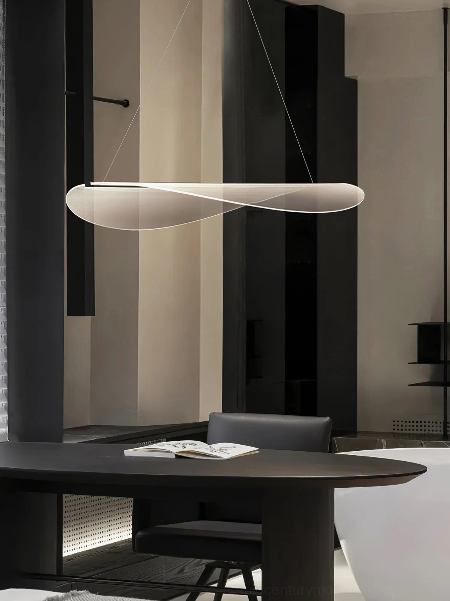 White matte twisted aerodynamic LED pendant lamp minimalist dining space contemporary