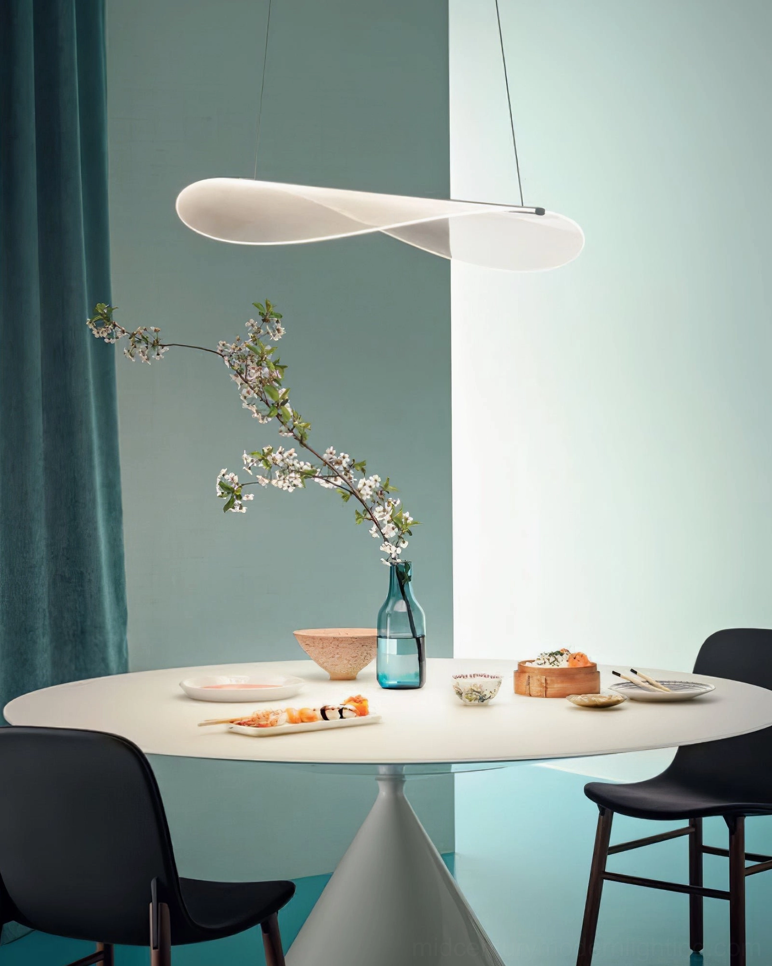 Smooth white twisted minimalist LED pendant lamp casual modern dining nook front view
