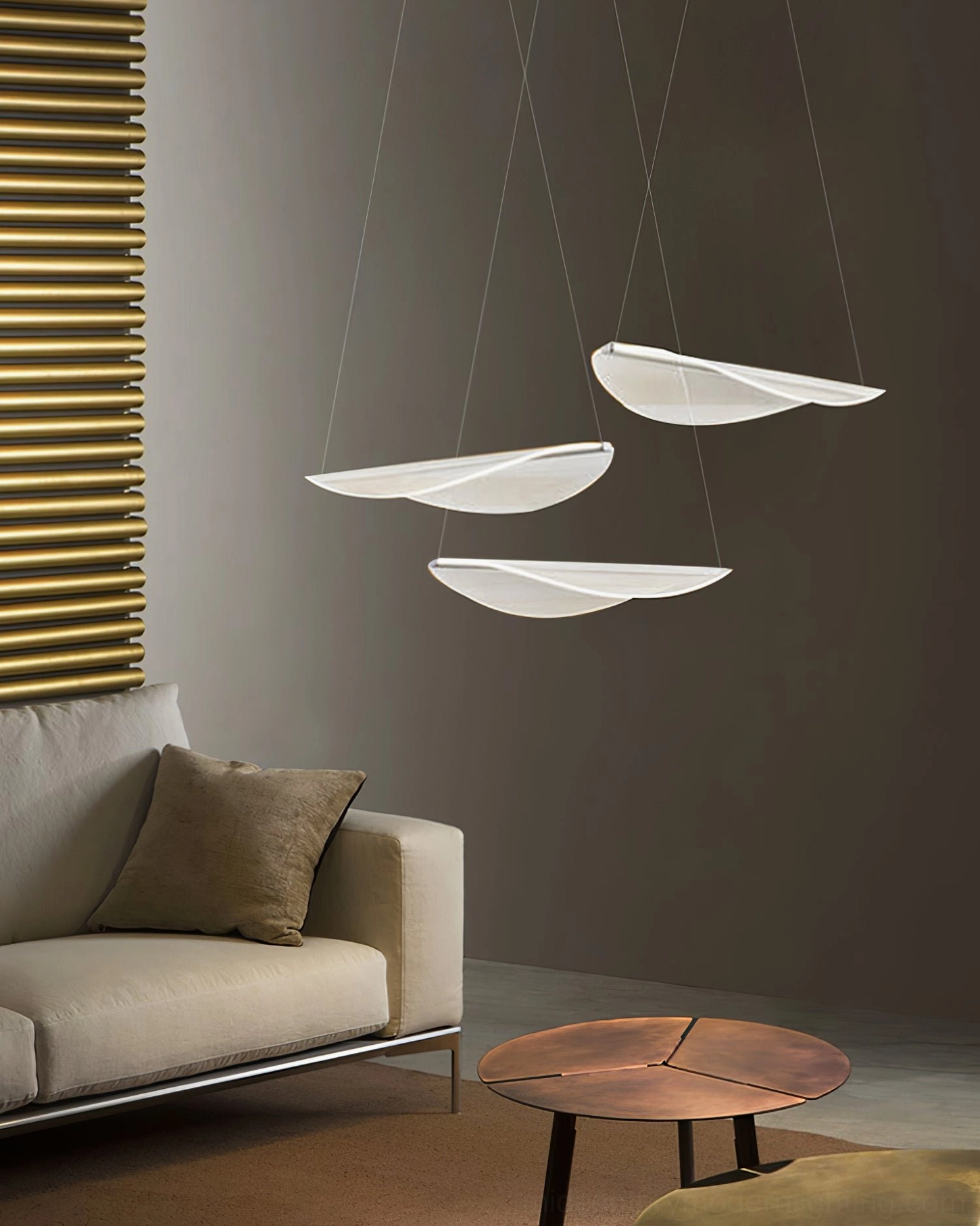 Three matching white twisted pendant lamps cozy modern living room eye-level view