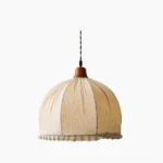 Dippa handcrafted fabric pendant lamp with beige linen shade and walnut wood cap, studio product photography