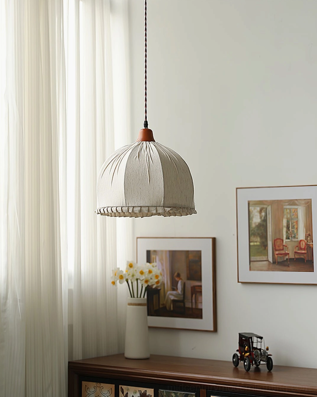 Dippa fabric pendant lamp side hanging view in vintage cottage style home interior