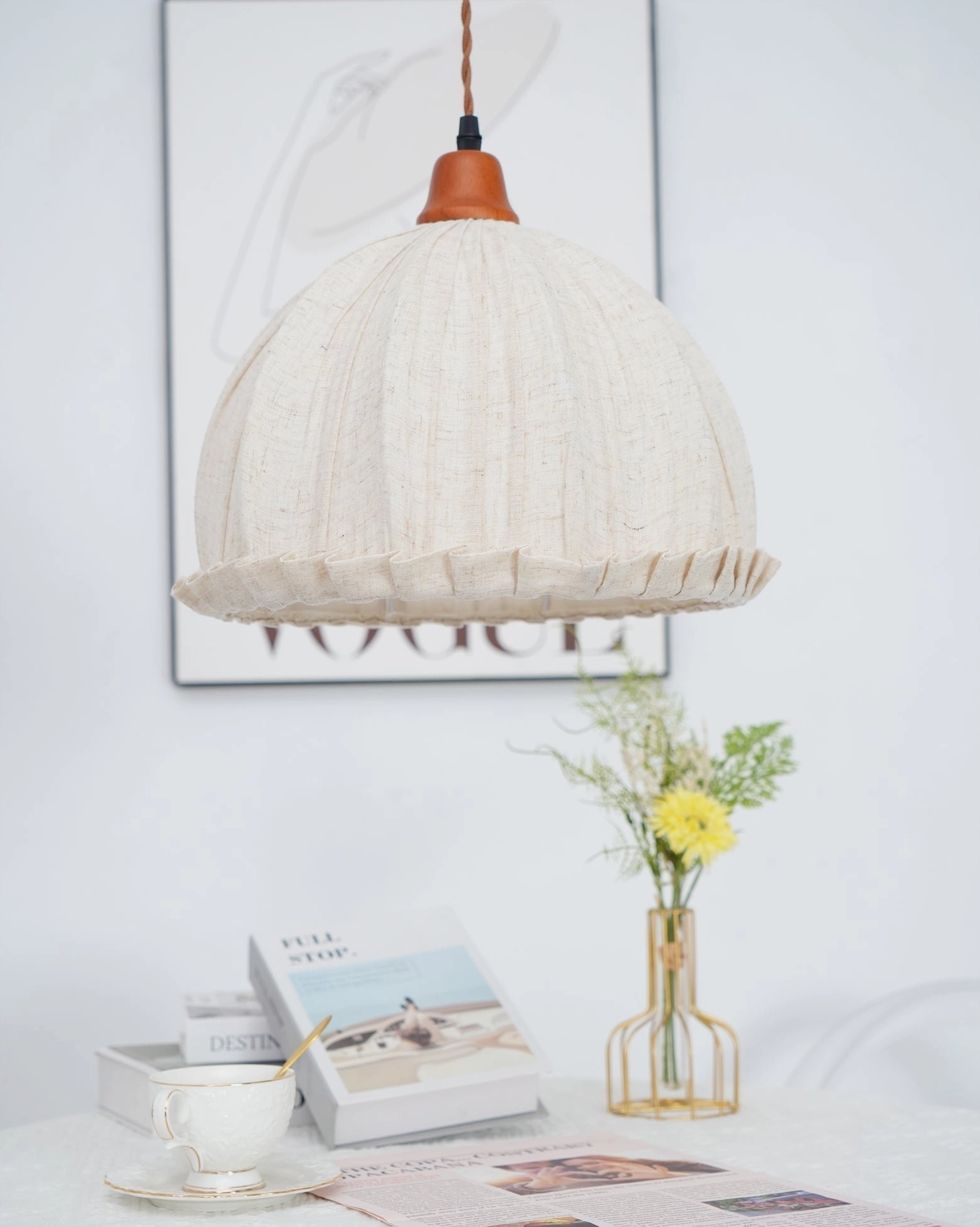 Dippa handcrafted pendant lamp bottom view showing ruffled fabric hem detail