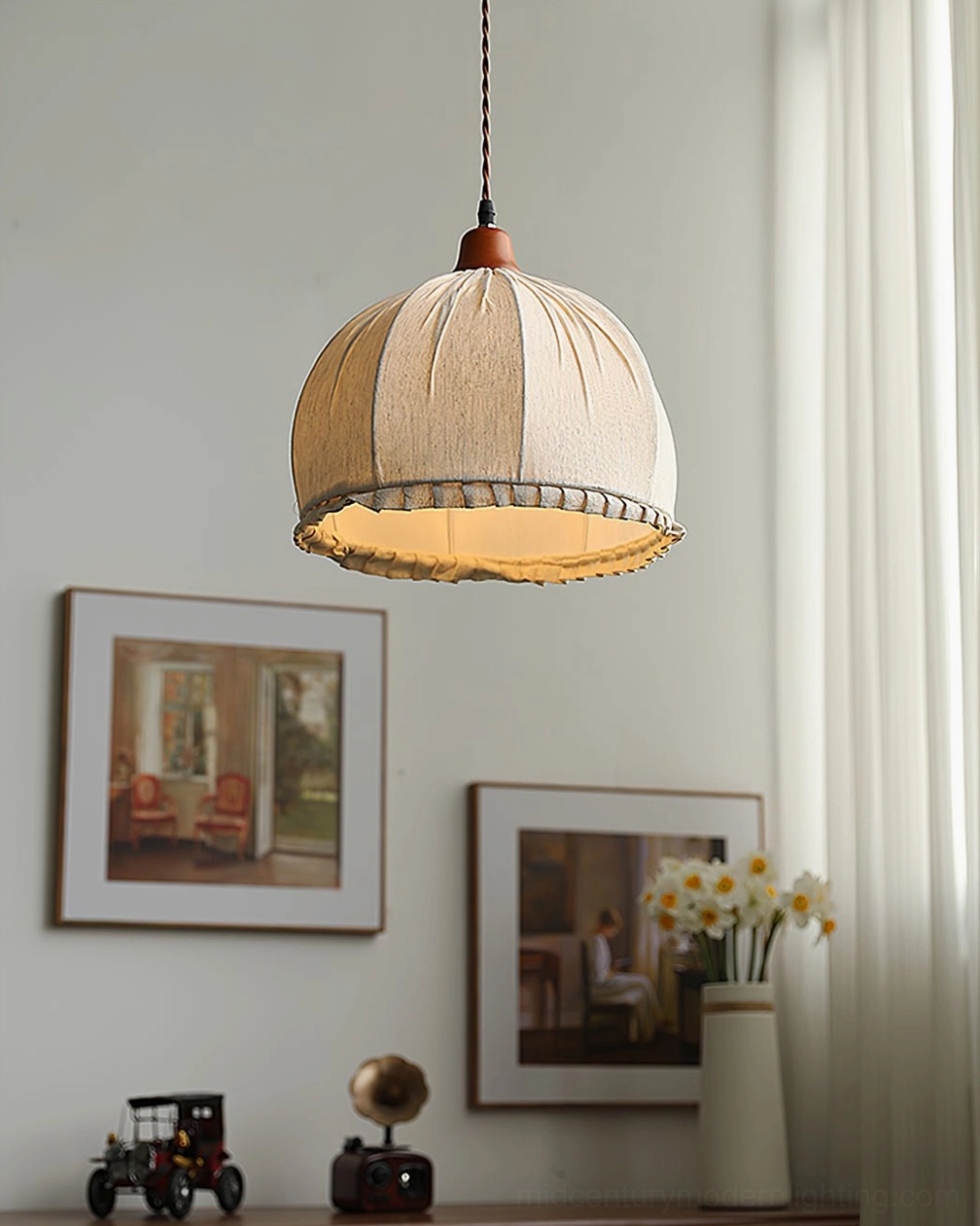 Dippa pendant shade side angle showing hand-tailored fabric construction and vertical seam detail