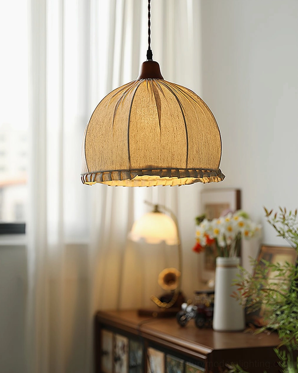 Dippa handcrafted pendant over wooden side table in mid-century modern inspired interior