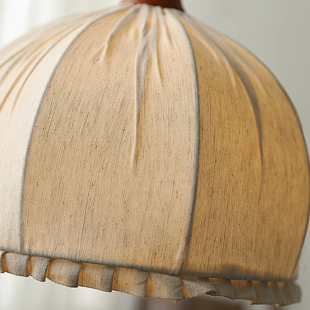 Dippa handcrafted pendant lamp close-up of walnut wood cap and fabric gathering detail