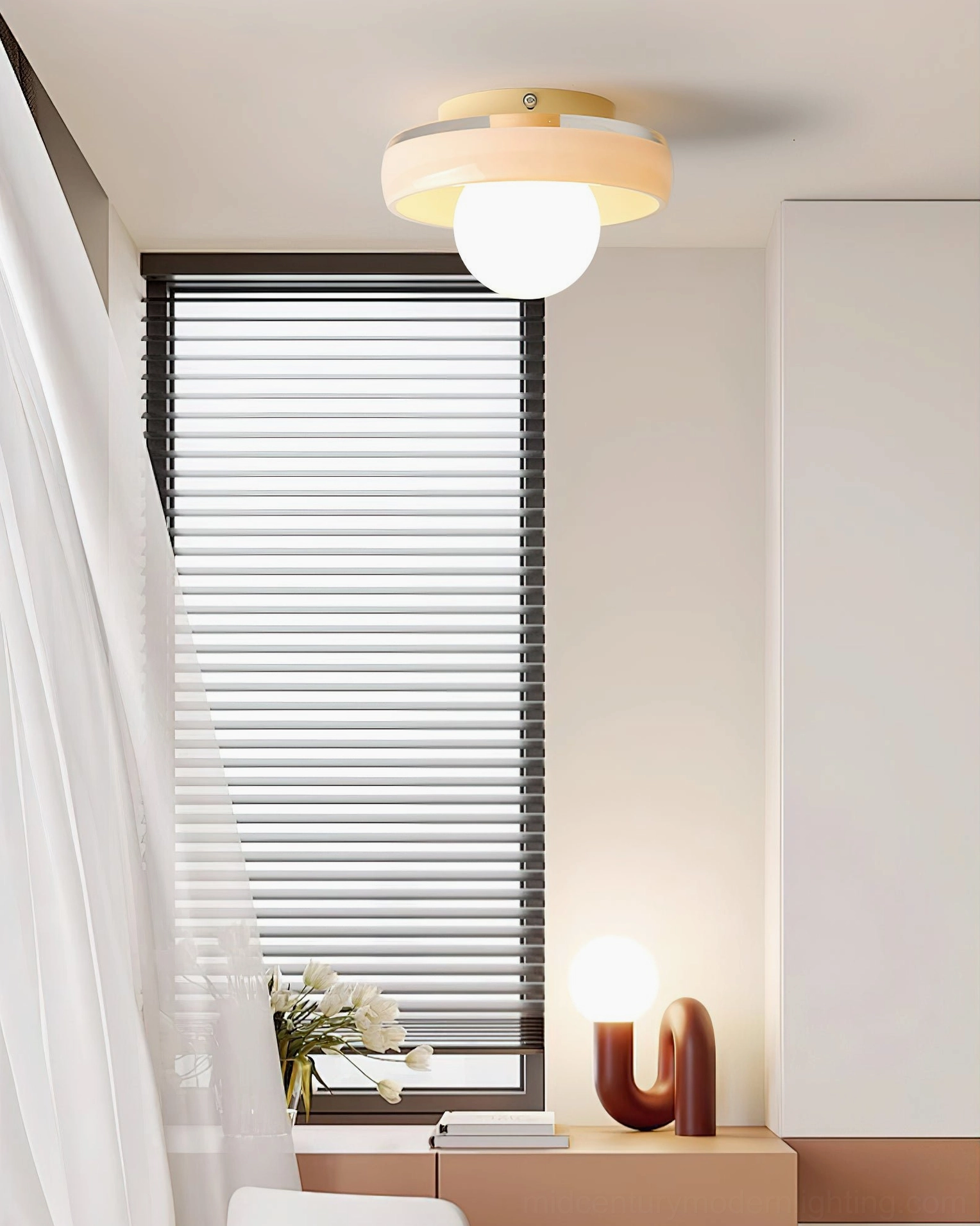 Disc Orb Ceiling Light in modern bedroom with natural light and wooden base, warm home aesthetic