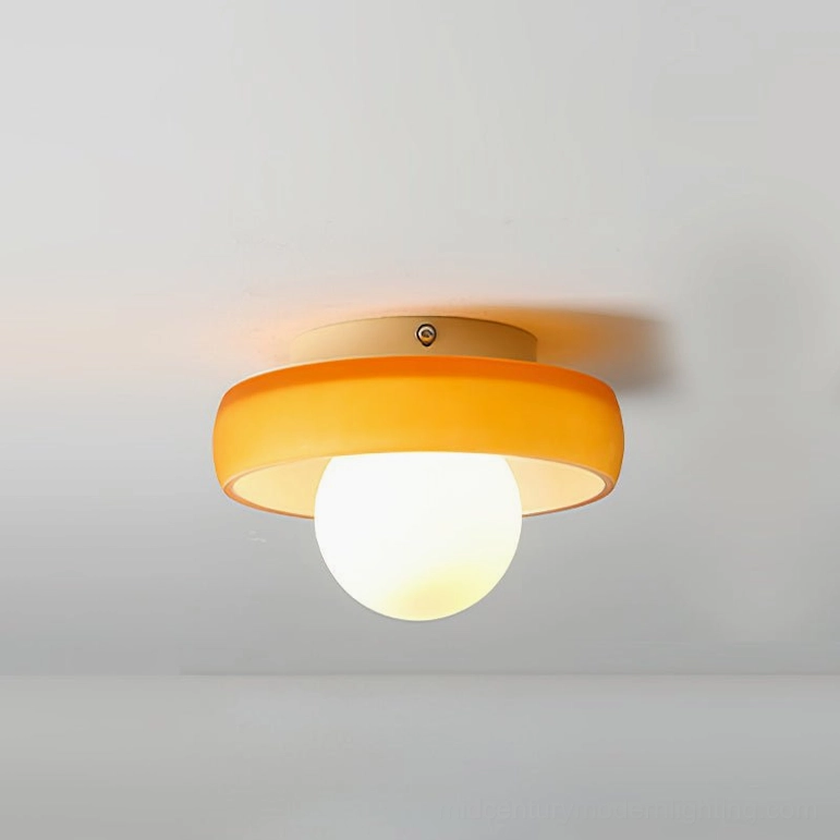 Disc Orb Ceiling Light green variant showing geometric disc frame and spherical frosted globe detail
