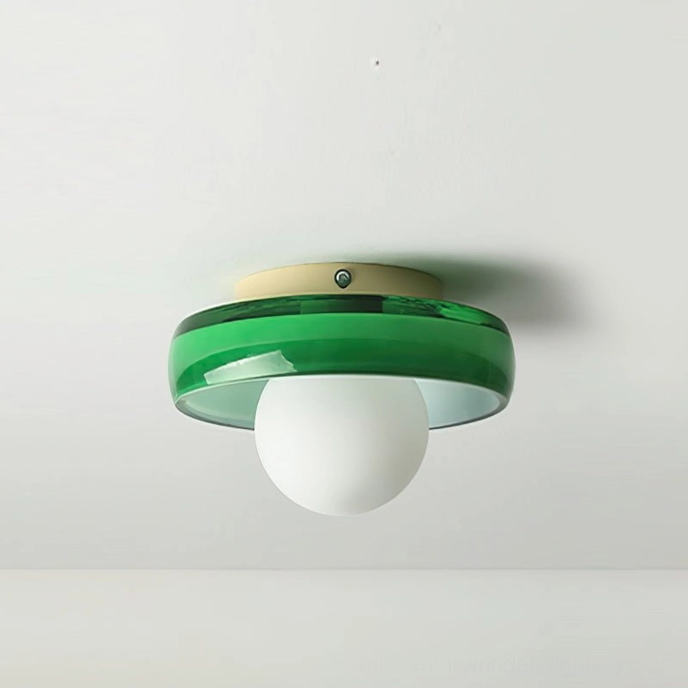 Green frosted Disc Orb Ceiling Light fixture offering unique color option for mid-century interiors