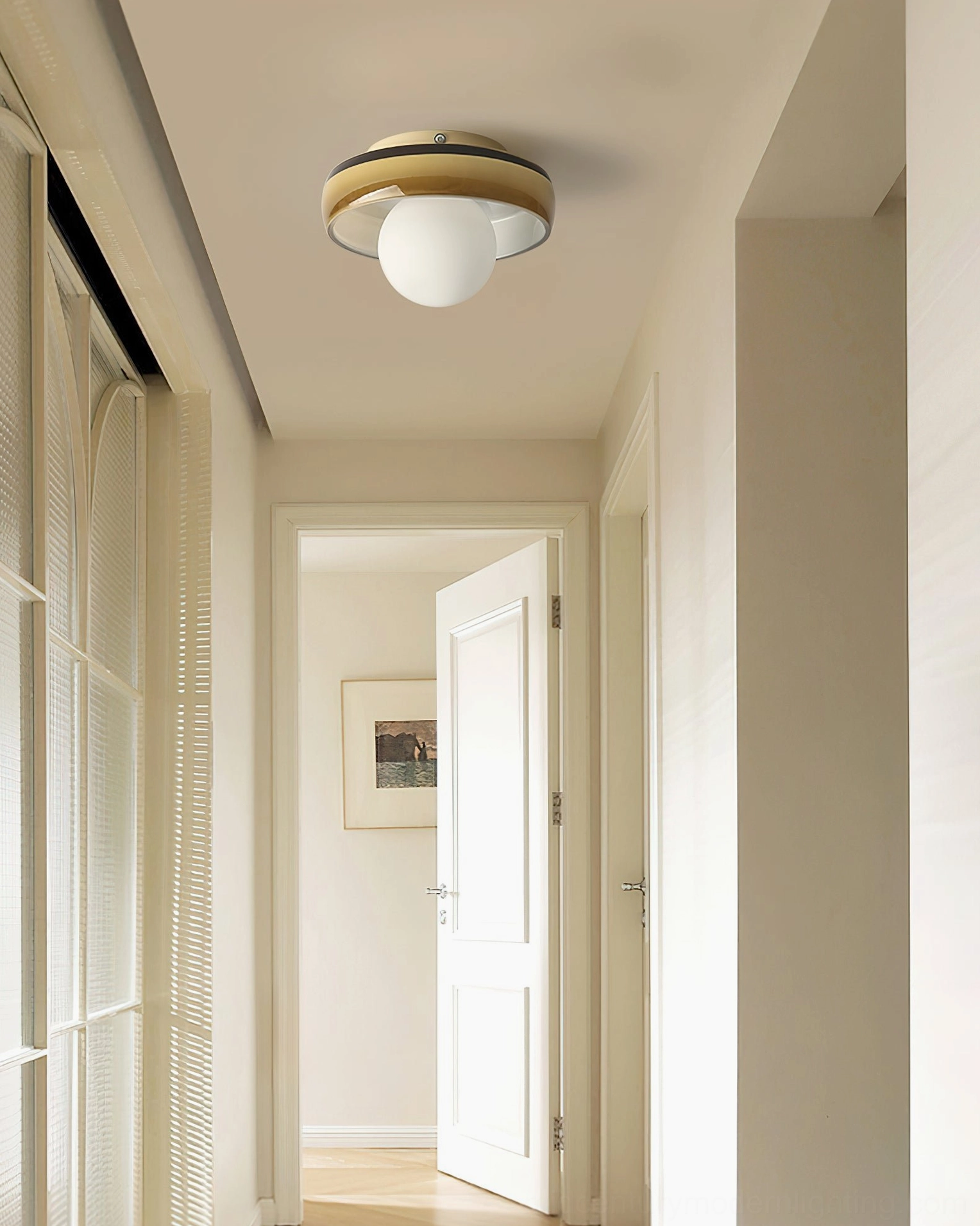 Disc Orb Ceiling Light mounted in residential hallway showing two-tone metal trim and white globe