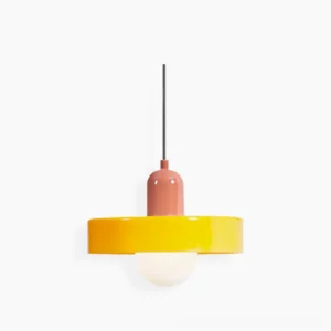 Disc Orb Pendant Light with frosted glass orb and metal disc shade, studio view