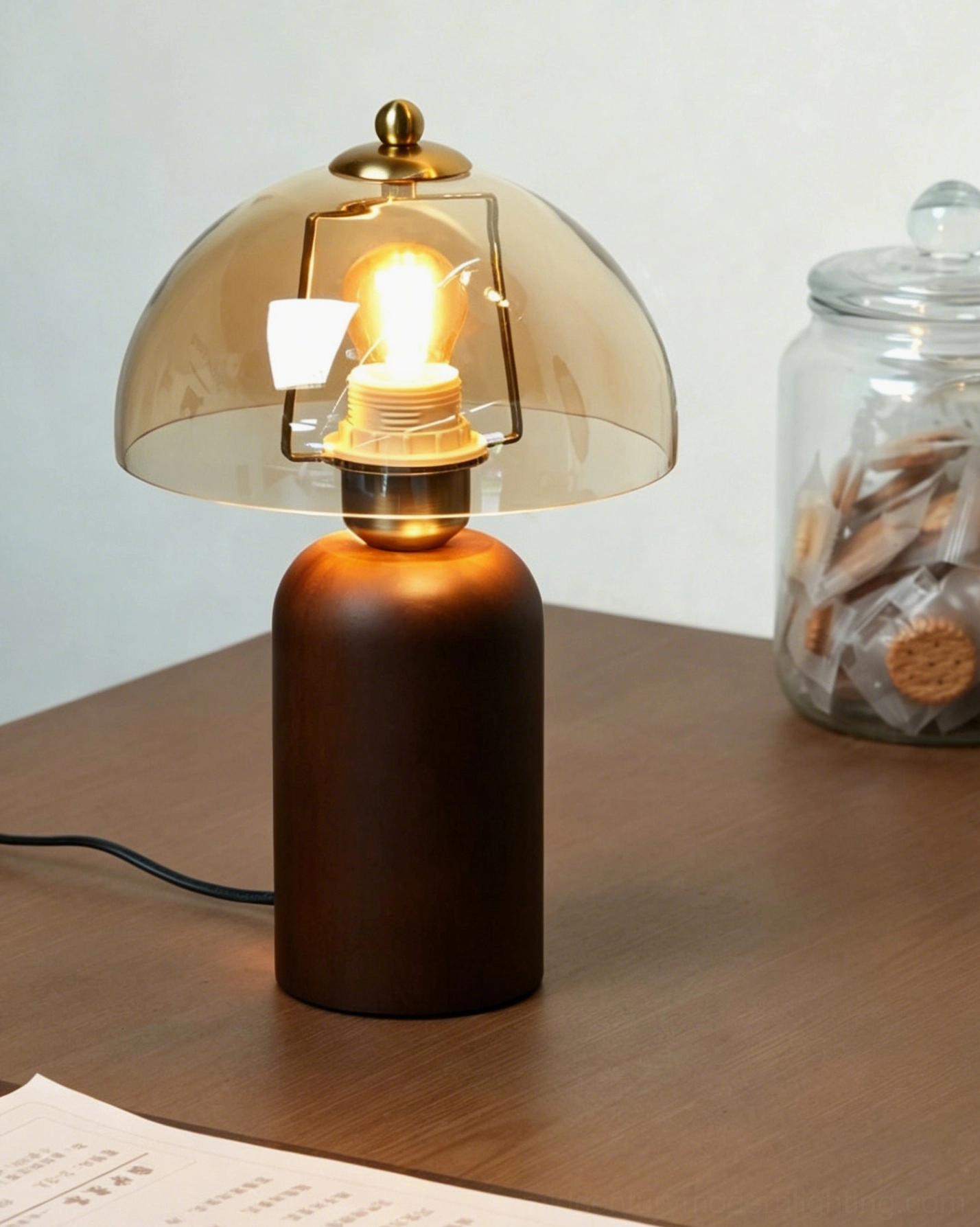 Disko mid-century modern table lamp with visible Edison bulb filament through amber glass dome