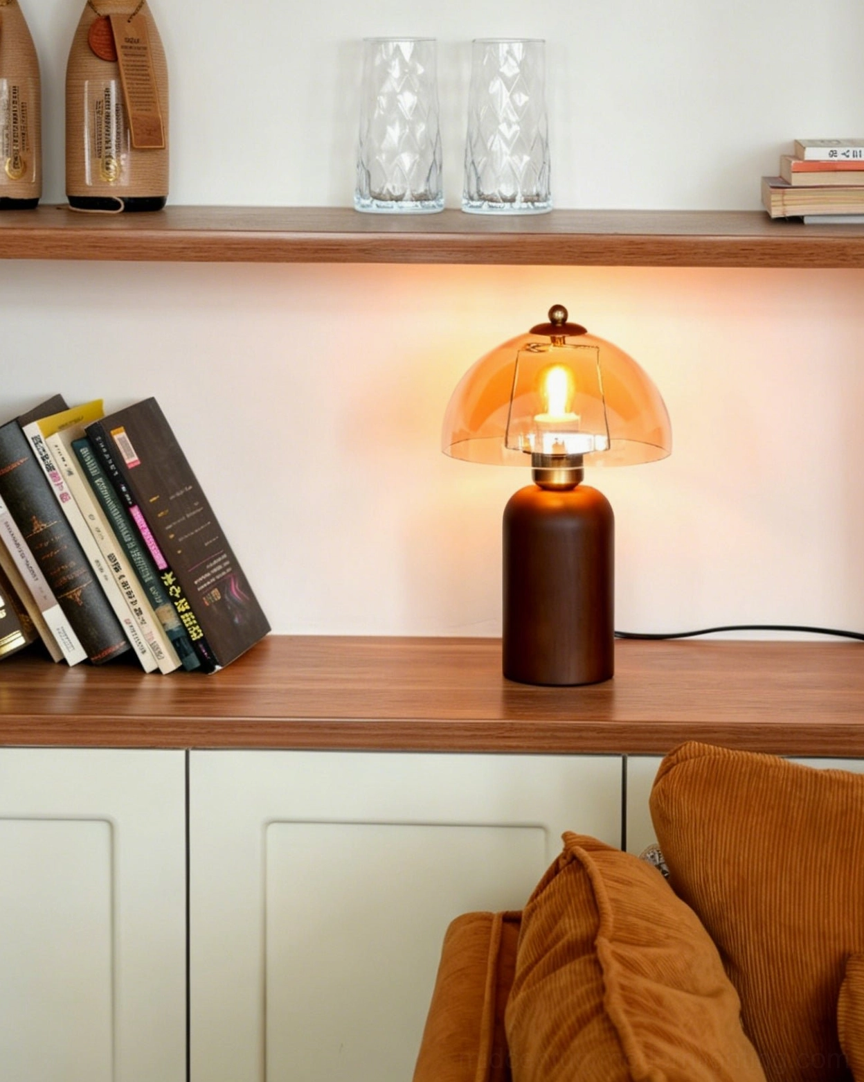Disko mid-century modern table lamp styled in contemporary interior, warm ambient lighting